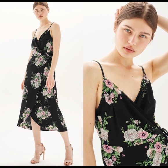 black floral midi wrap dress